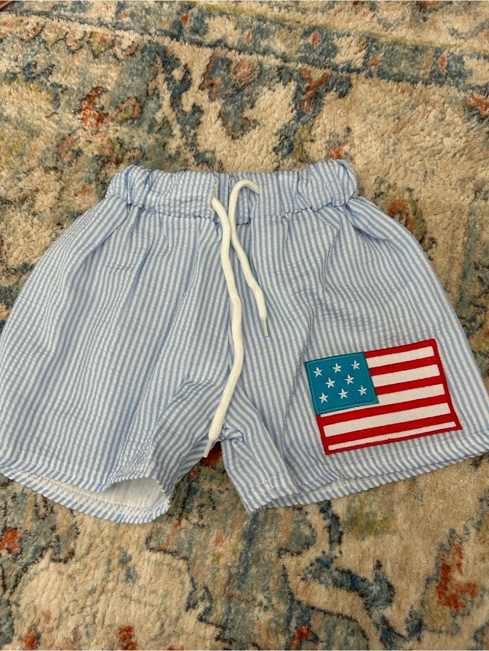 Light Blue Striped kids swim with American Flag Patch